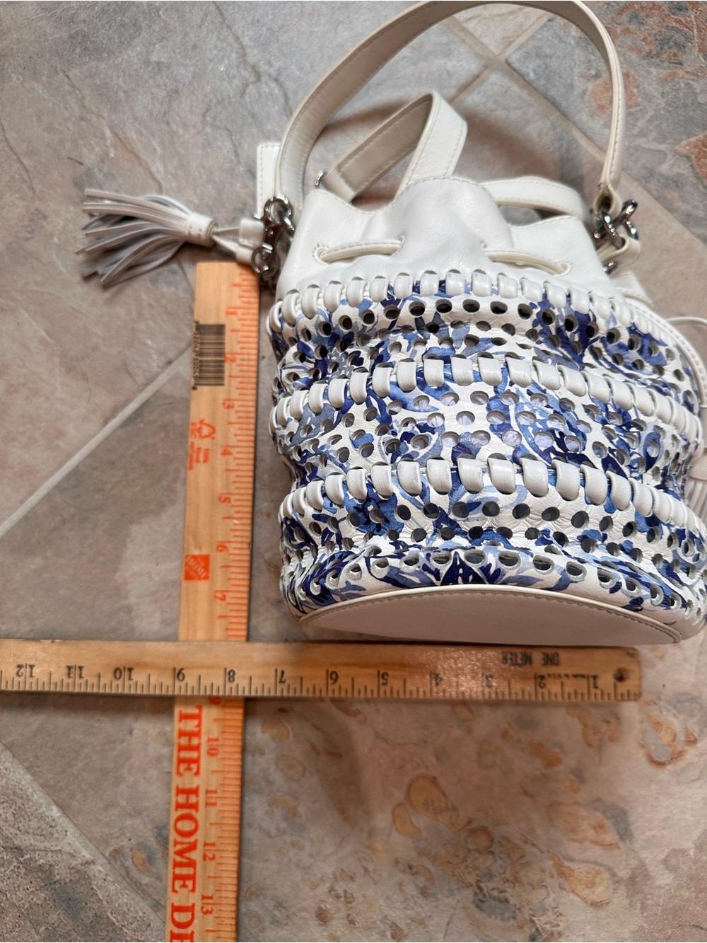 Loeffler Randall Industry White and Blue Drawstring Bucket Bag - Picture 9 of 10